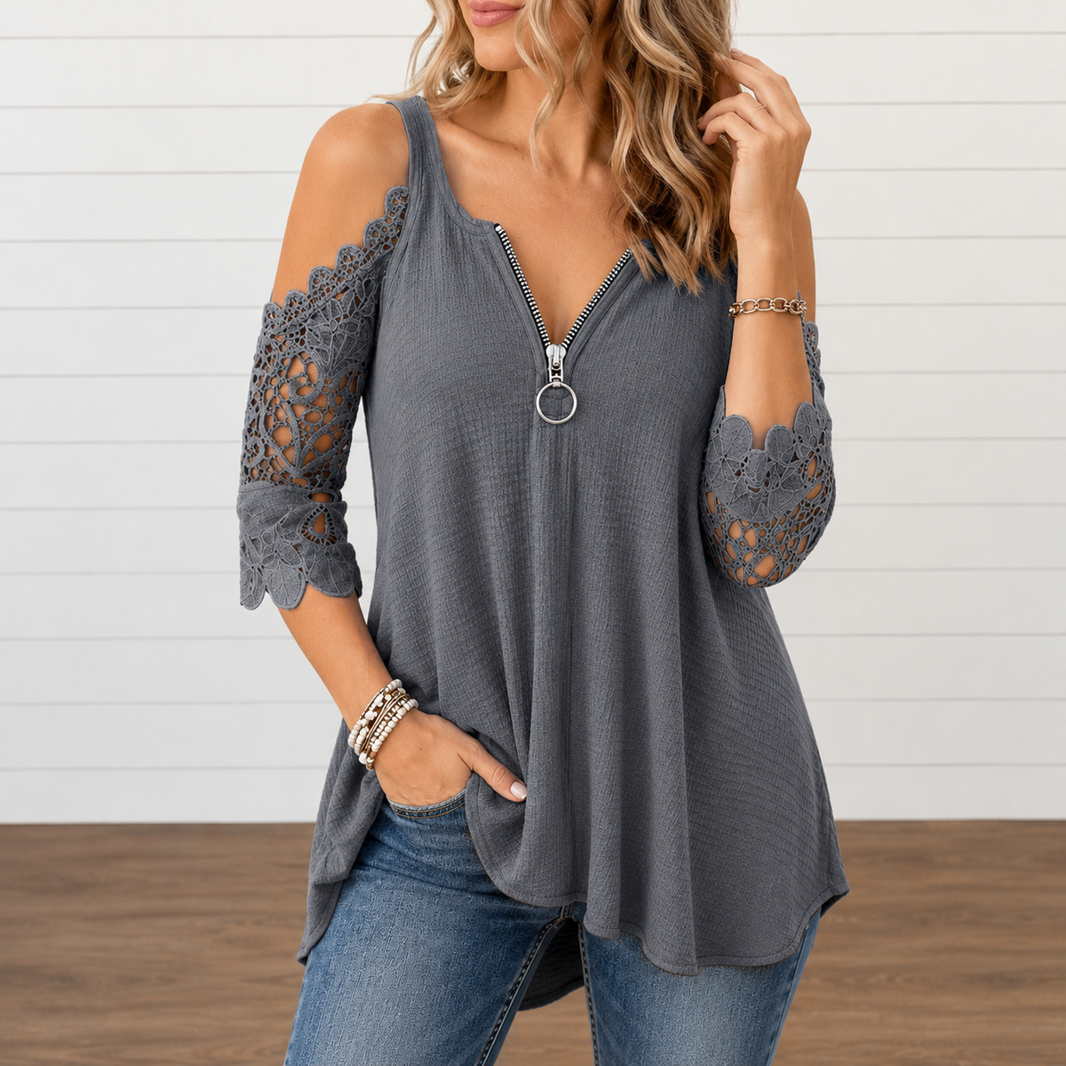 Anja™ | Elegante Off-Shoulder Kanten Top Met Ritssluiting