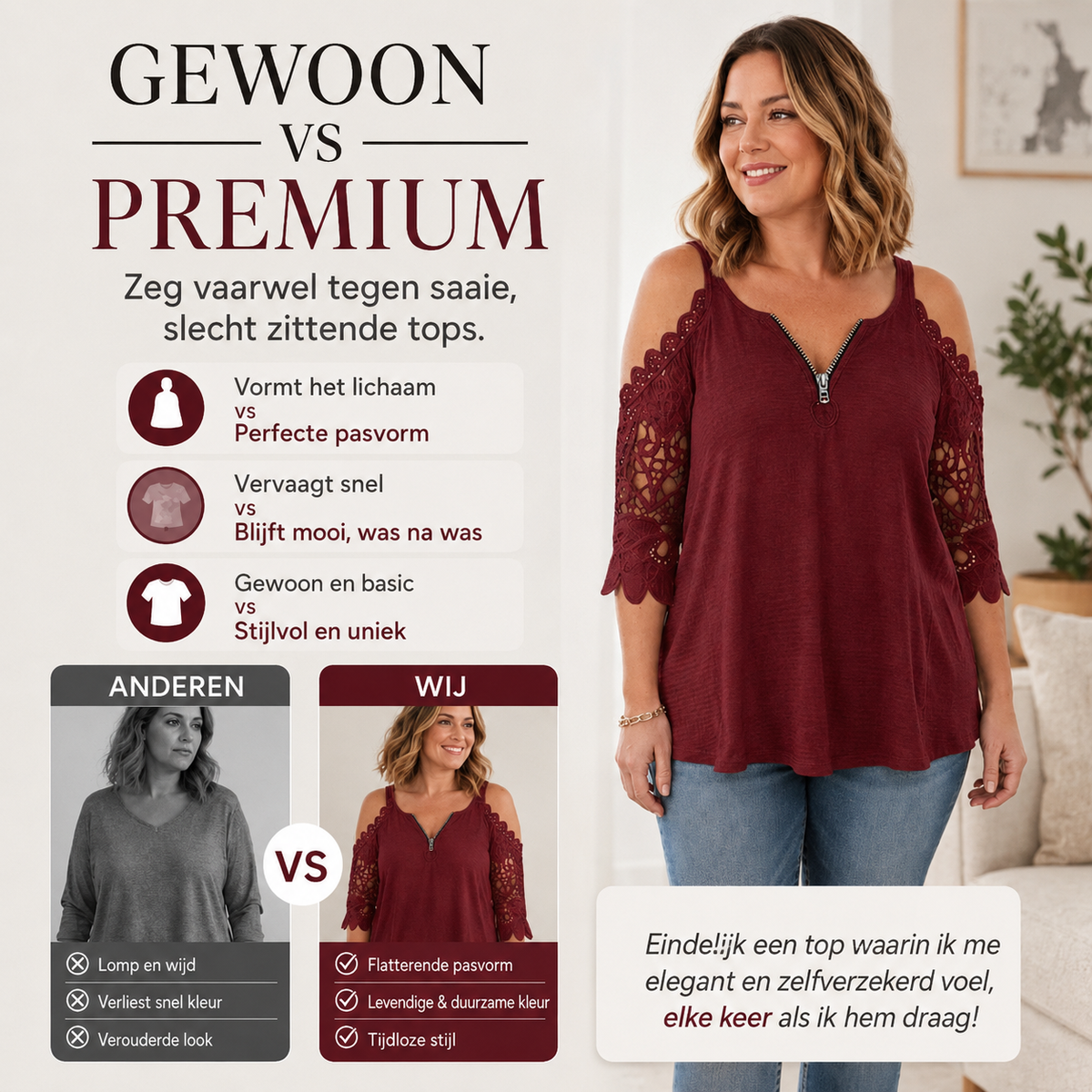 Anja™ | Elegante Off-Shoulder Kanten Top Met Ritssluiting