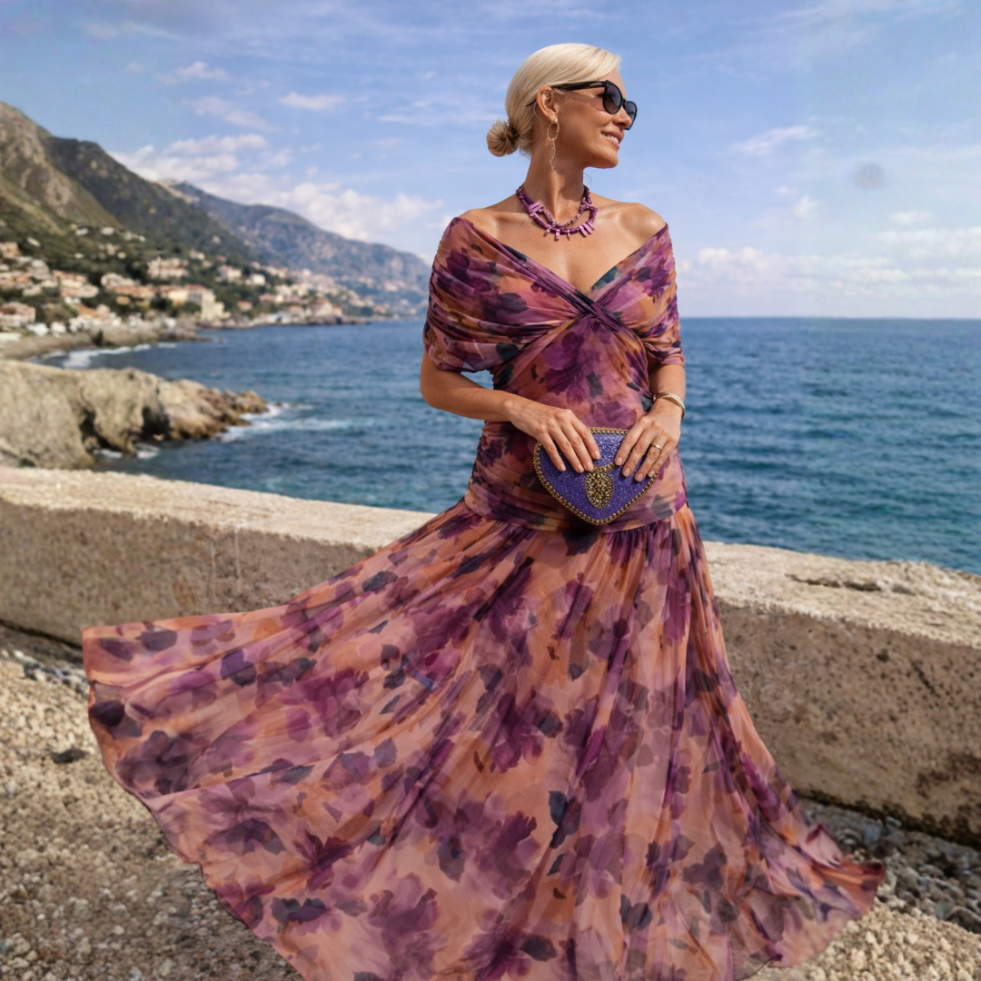 Mikaela | Gedrapeerde off-shoulder maxi-jurk