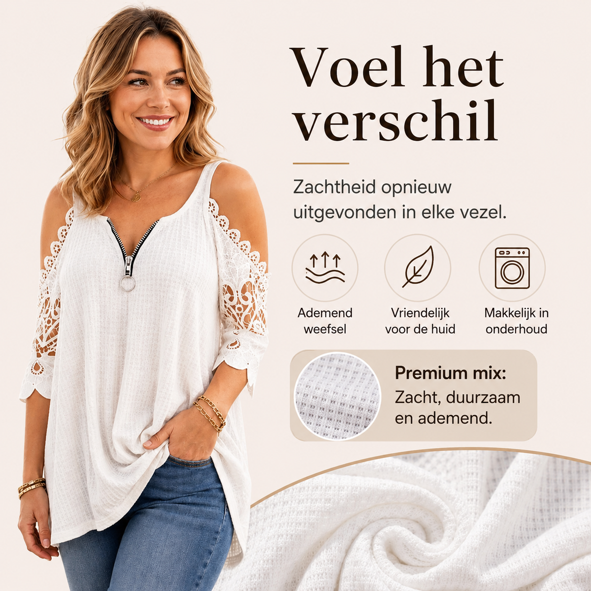 Anja™ | Elegante Off-Shoulder Kanten Top Met Ritssluiting