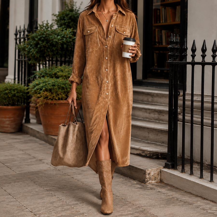 Marieke | Lange blousejurk van ribcord