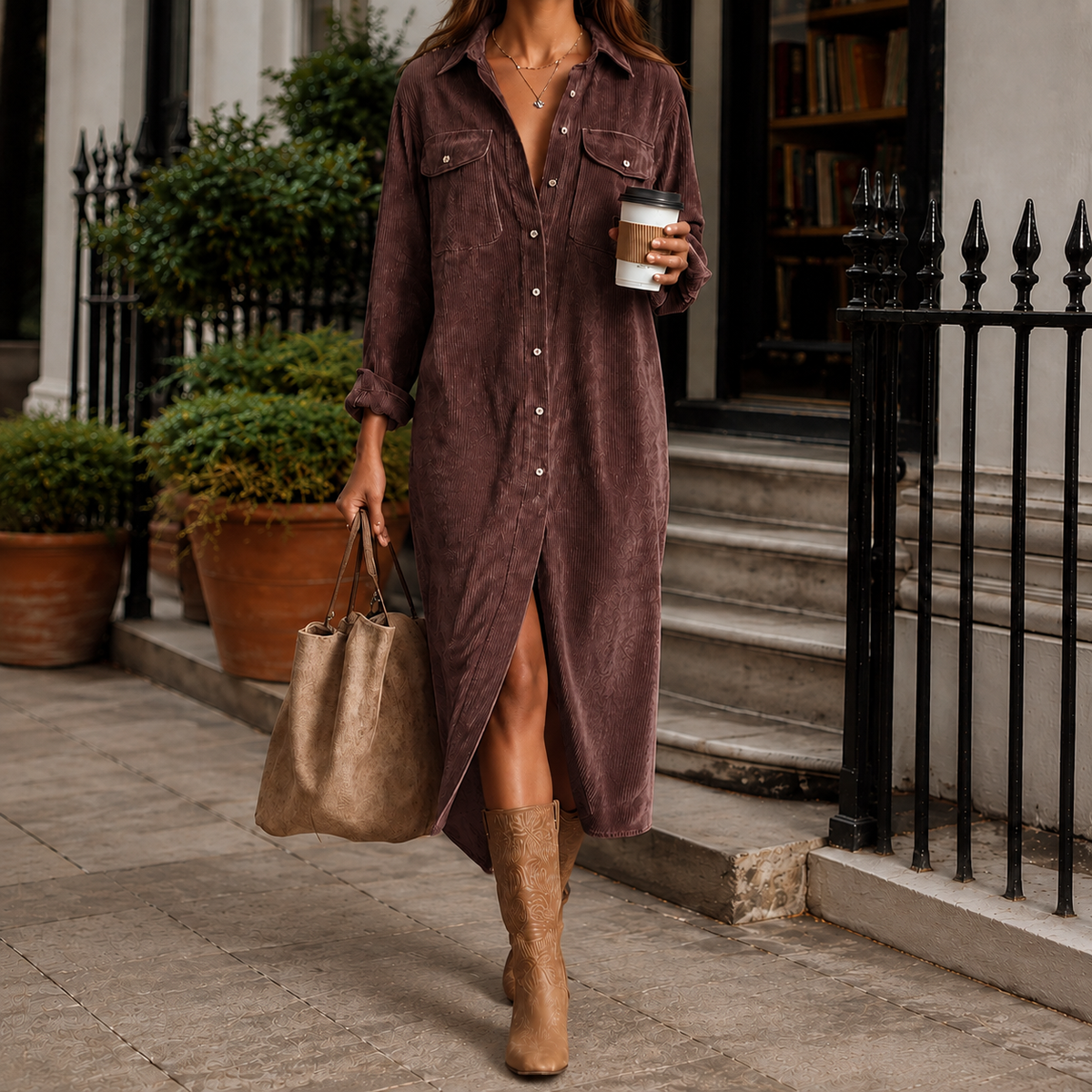 Marieke | Lange blousejurk van ribcord