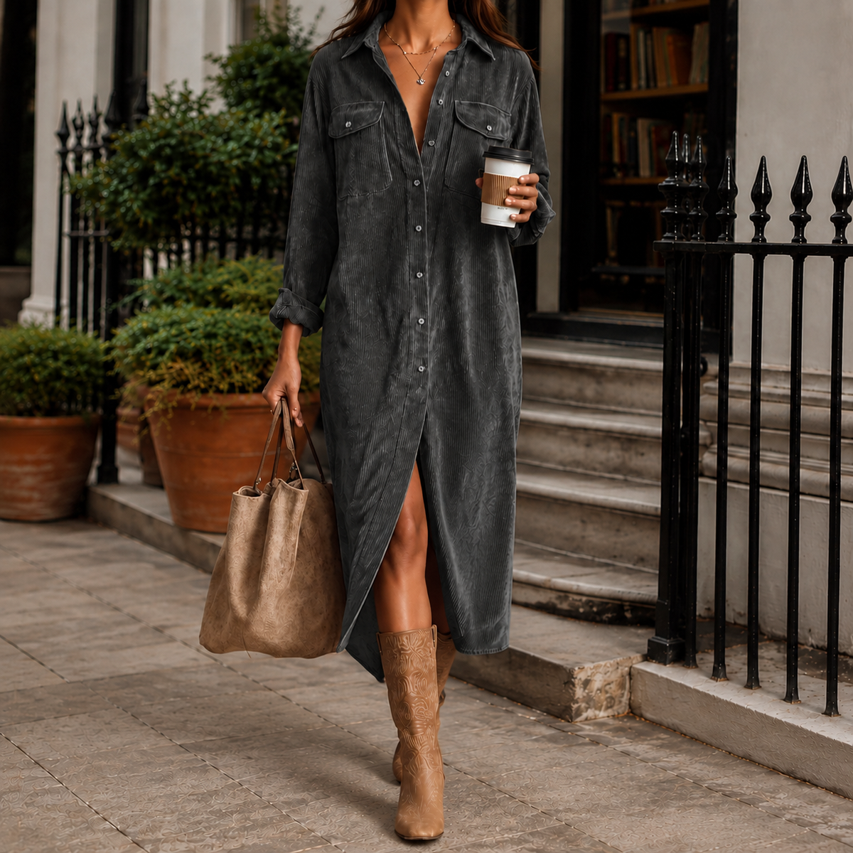 Marieke | Lange blousejurk van ribcord