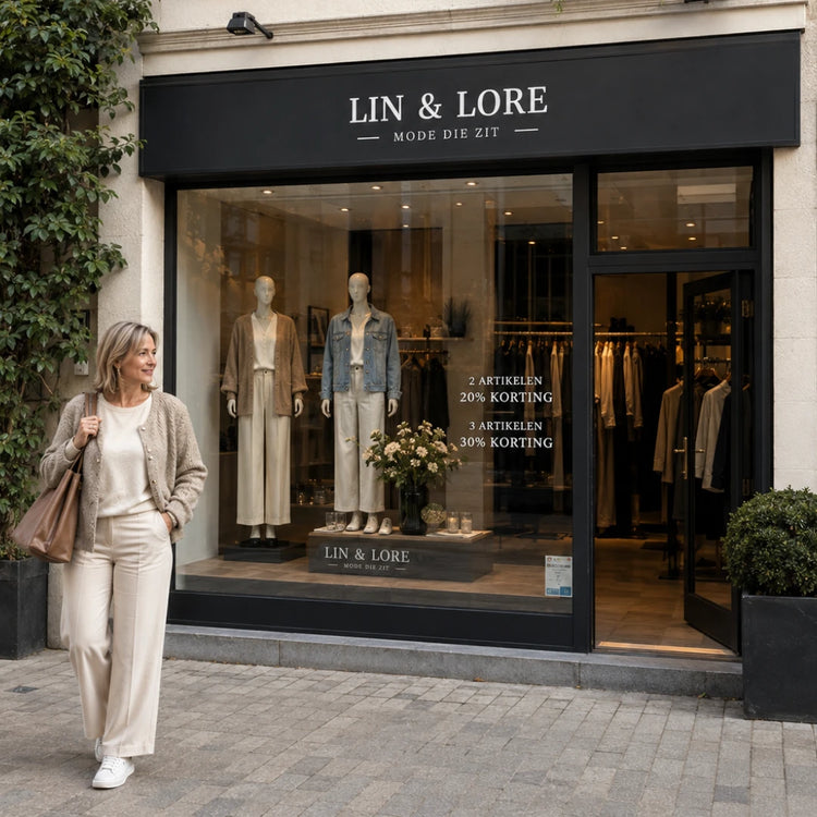 Etalage van Lin & Lore: 2 artikelen 20% korting, 3 artikelen 30% korting